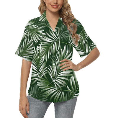 White Green Tropical Palm Leaves Women's Hawaiian Shirt