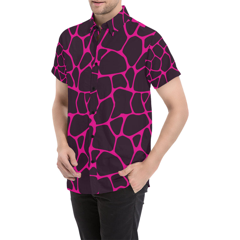 Giraffe Pink Background Texture Print Men's Short Sleeve Button Up Shirt