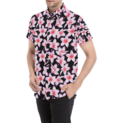 Pink Plumeria Pattern Print Design PM09 Men's Short Sleeve Button Up Shirt