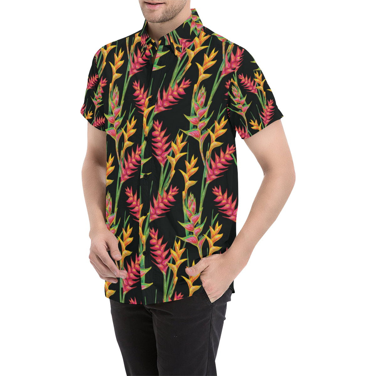 Heliconia Pattern Print Design HL01 Men's Short Sleeve Button Up Shirt