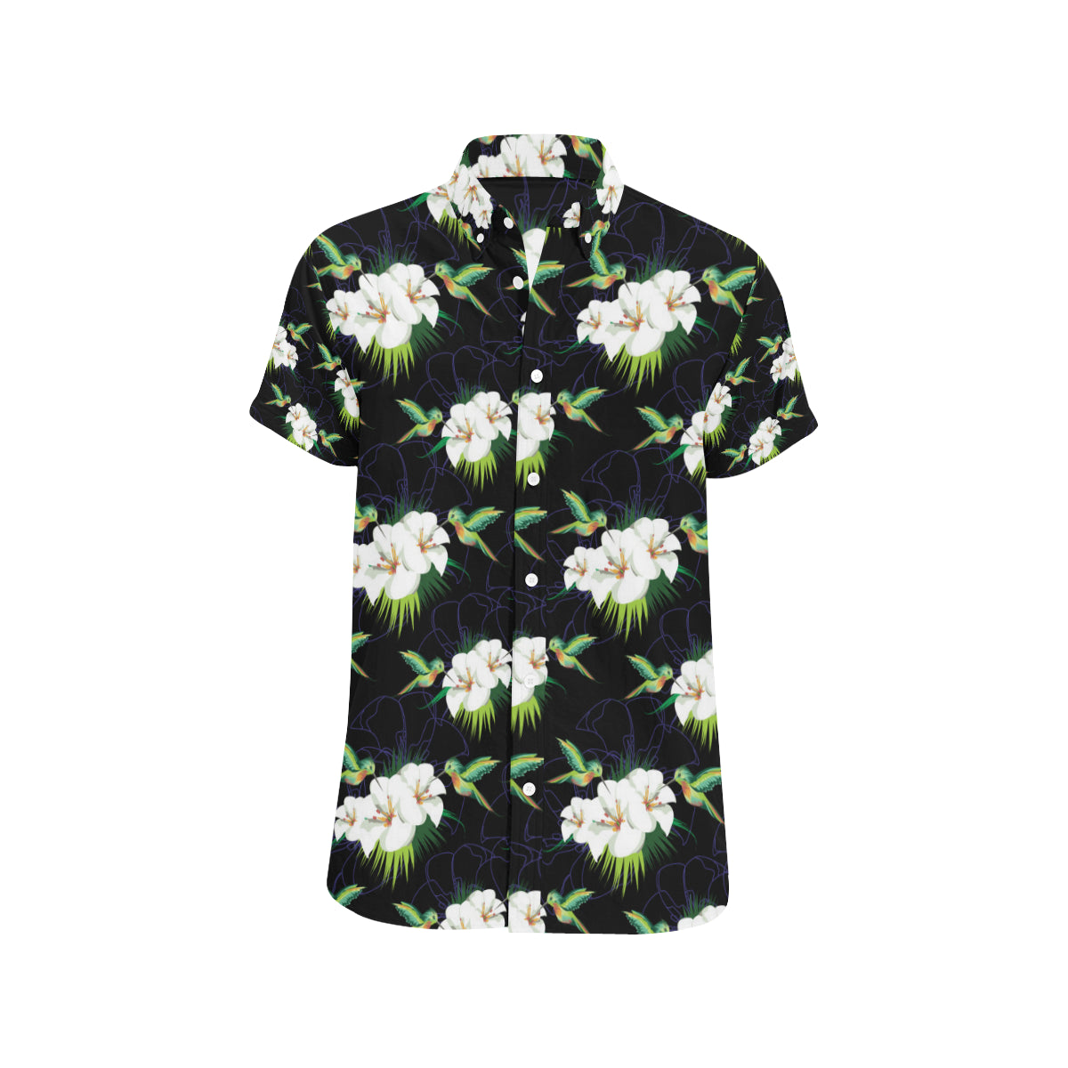 Hummingbird with Flower Pattern Print Design 03 Men's Short Sleeve Button Up Shirt