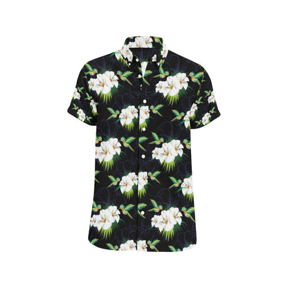 Hummingbird with Flower Pattern Print Design 03 Men's Short Sleeve Button Up Shirt