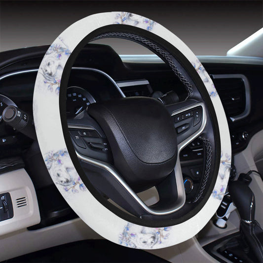 Wolf with Flower Print Design Steering Wheel Cover with Elastic Edge