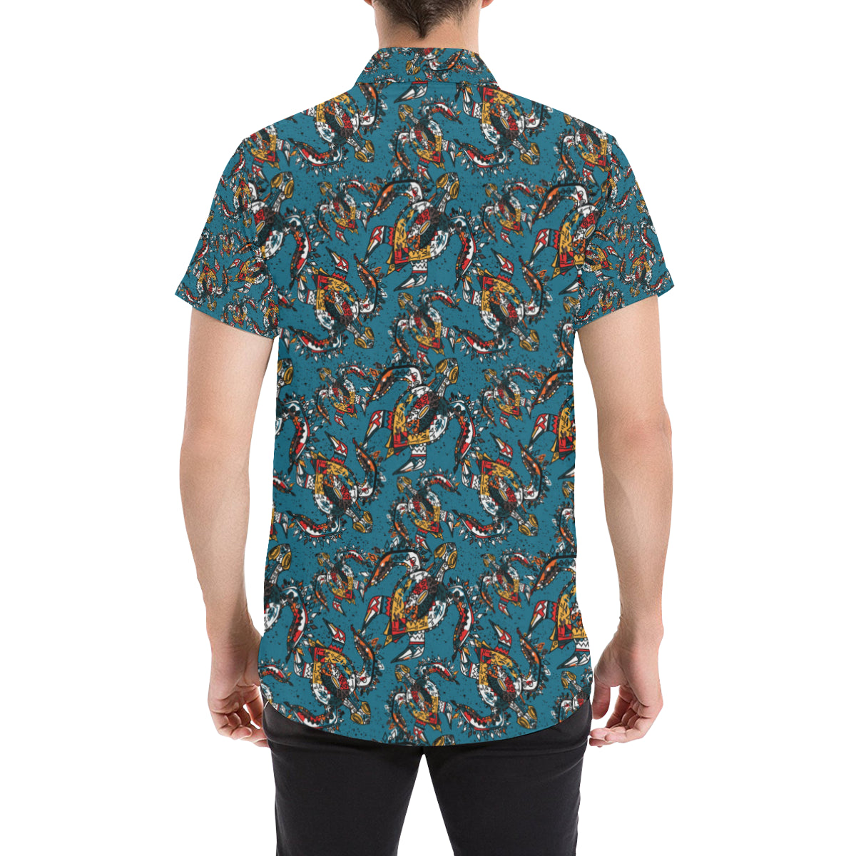 Sea Turtle Tribal Colorful Hand Drawn Men's Short Sleeve Button Up Shirt