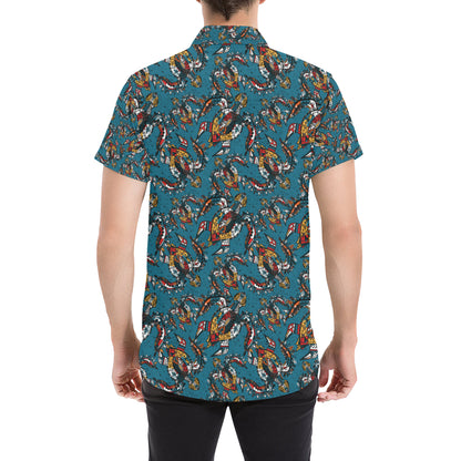 Sea Turtle Tribal Colorful Hand Drawn Men's Short Sleeve Button Up Shirt