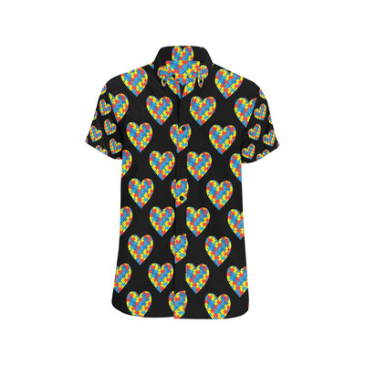 Autism Awareness Heart Design Print Men's Short Sleeve Button Up Shirt
