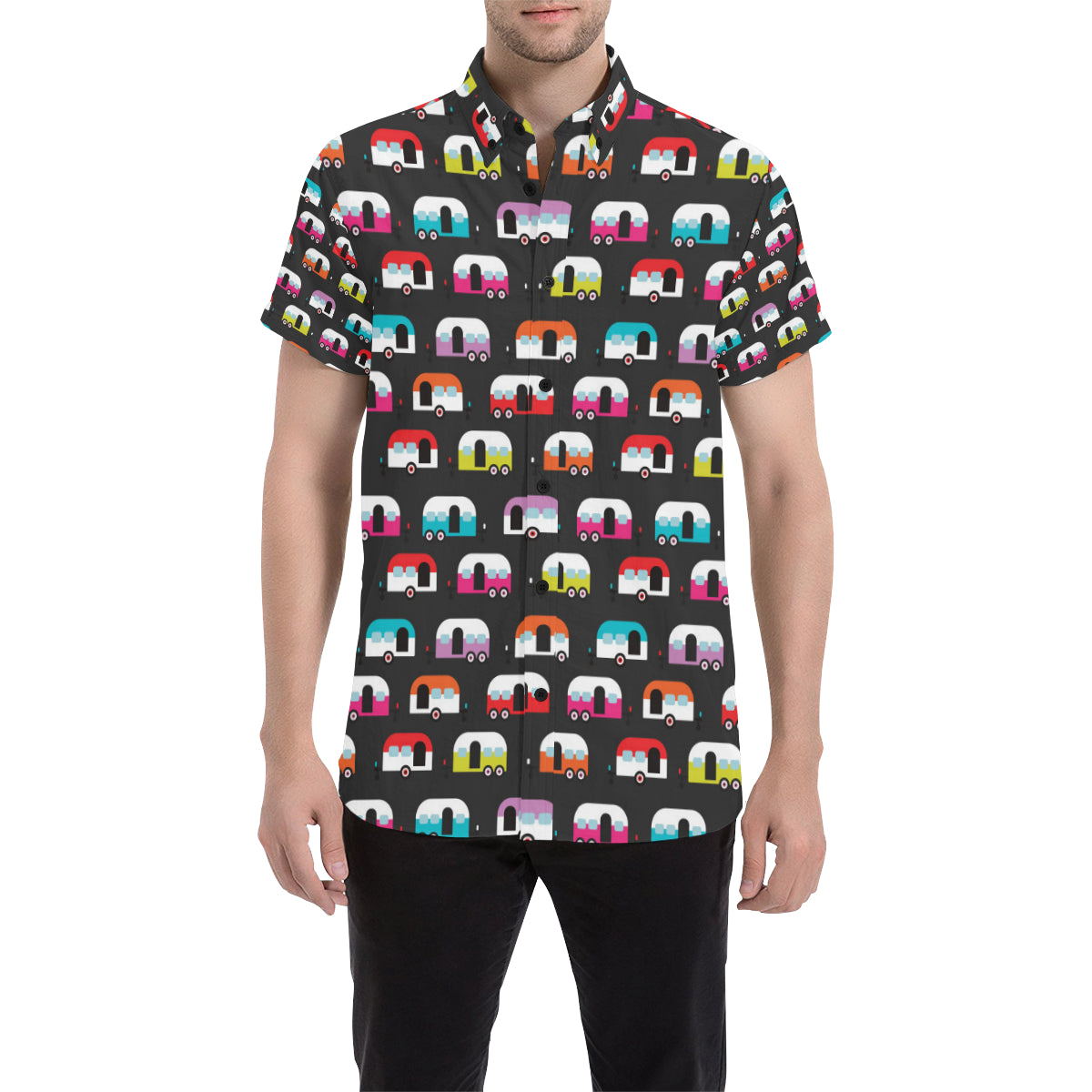 Camper Caravan Pattern Men's Short Sleeve Button Up Shirt