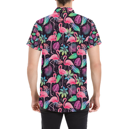 Flamingo Tropical leaves Neon Print Men's Short Sleeve Button Up Shirt