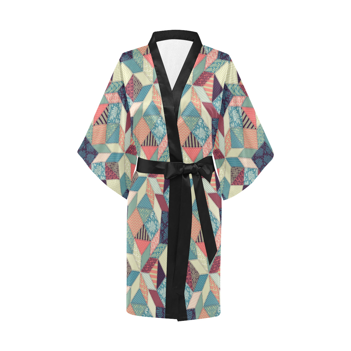 Patchwork Pattern Print Design 02 Women's Short Kimono