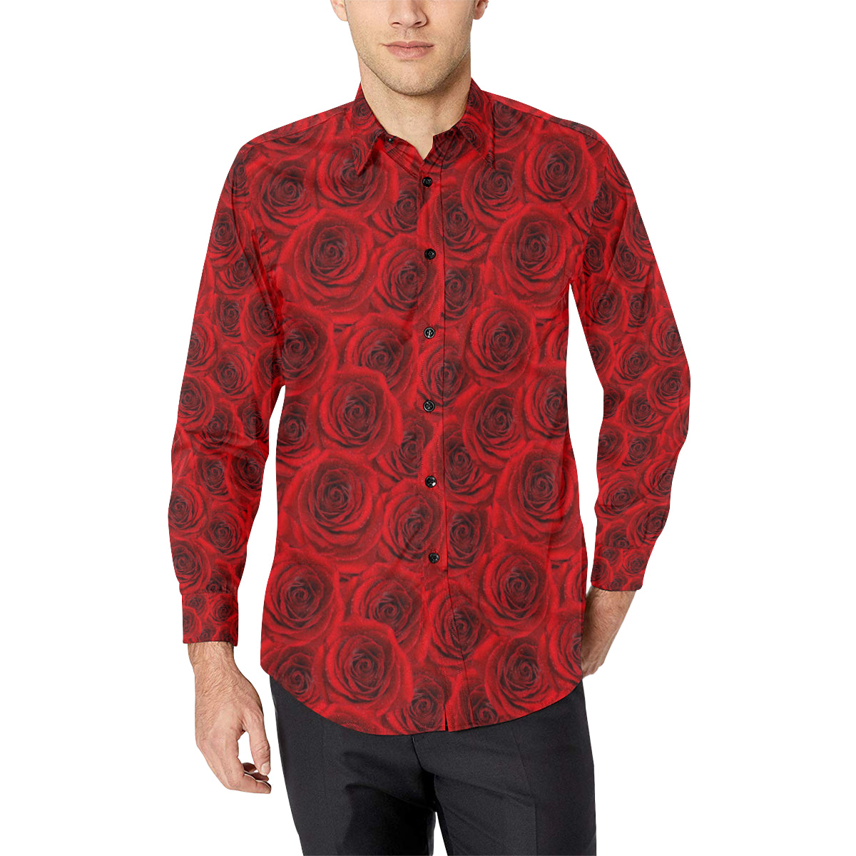 Rose Red Pattern Print Design RO04 Men's Long Sleeve Shirt