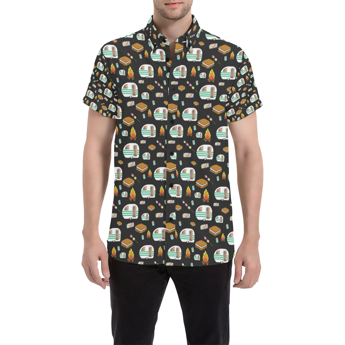 Camper marshmallow Camping Design Print Men's Short Sleeve Button Up Shirt