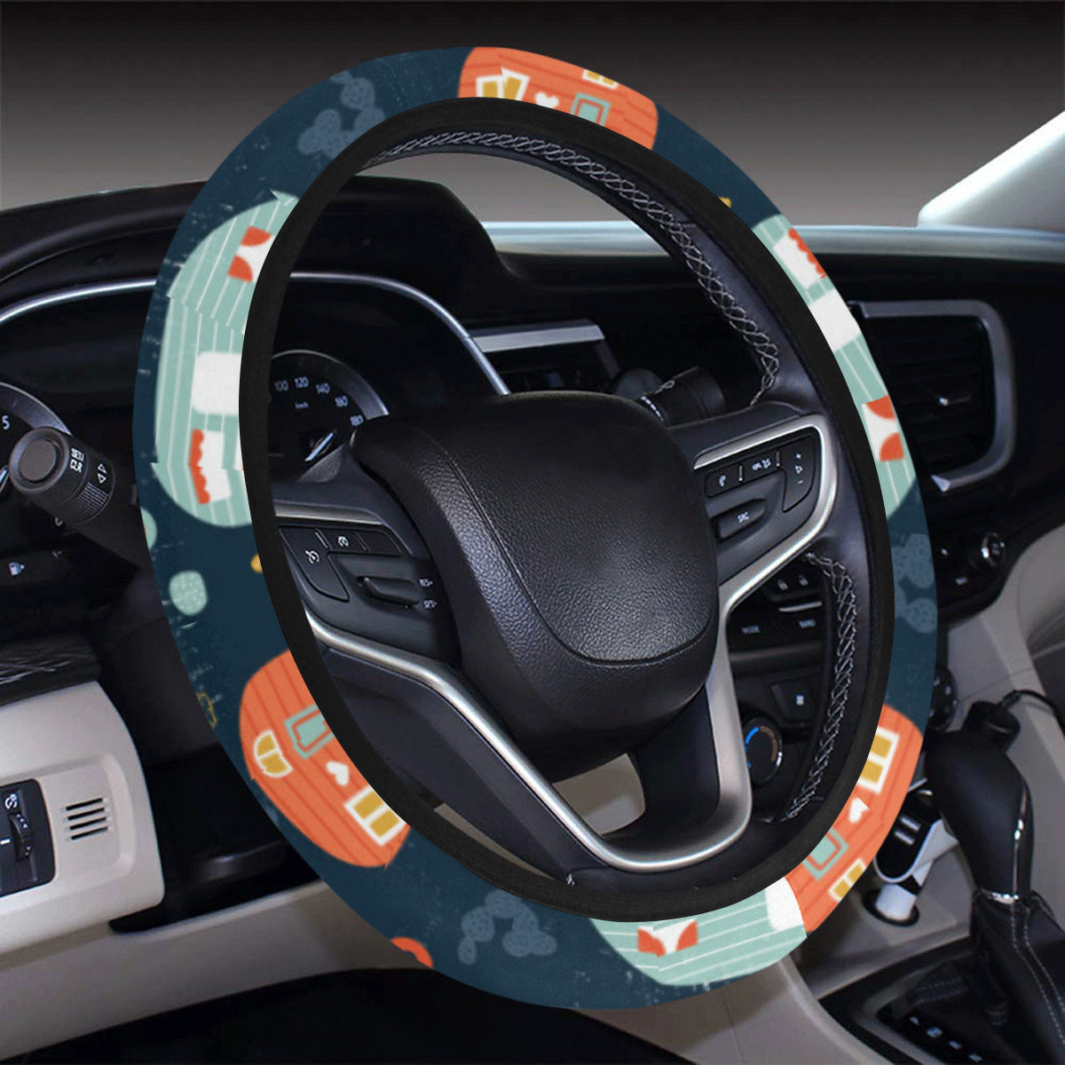 Camper Caravan Print Pattern Steering Wheel Cover with Elastic Edge