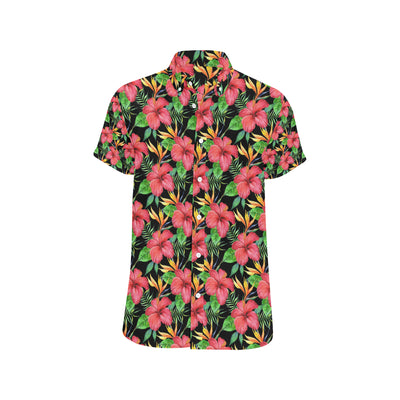 Red Hibiscus Pattern Print Design HB07 Men's Short Sleeve Button Up Shirt