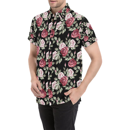 Rose Red Pink Pattern Print Design RO03 Men's Short Sleeve Button Up Shirt