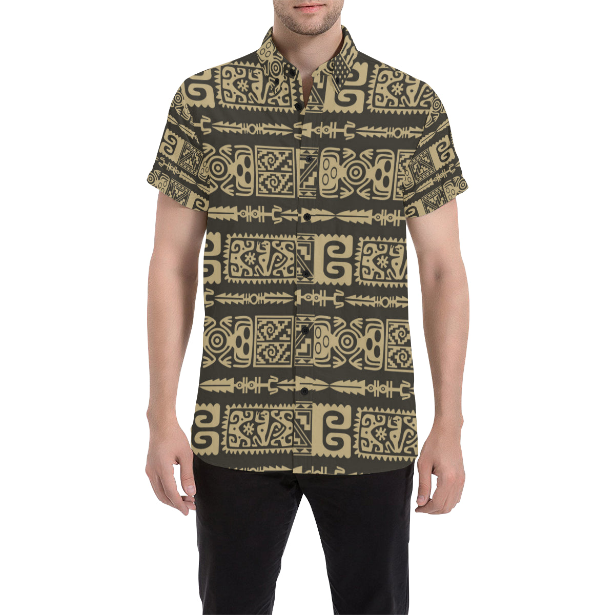 Mayan Pattern Print Design 03 Men's Short Sleeve Button Up Shirt