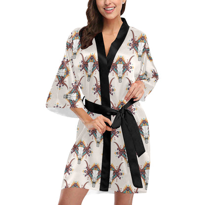 Buffalo Head Pattern Print Design 02 Women's Short Kimono