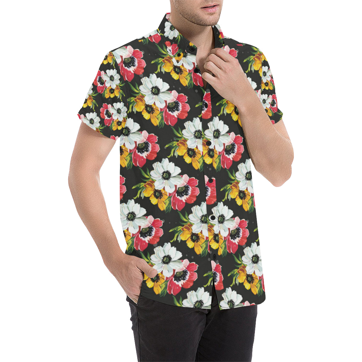 Anemone Pattern Print Design AM07 Men's Short Sleeve Button Up Shirt