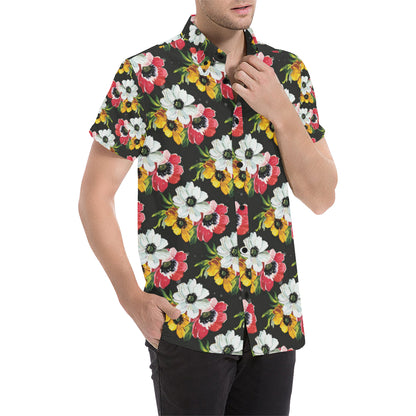 Anemone Pattern Print Design AM07 Men's Short Sleeve Button Up Shirt