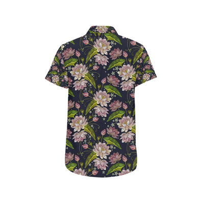 lotus Embroidered Pattern Print Design LO06 Men's Short Sleeve Button Up Shirt