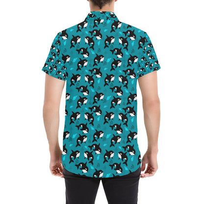 Whale Sea Design Themed Print Men's Short Sleeve Button Up Shirt