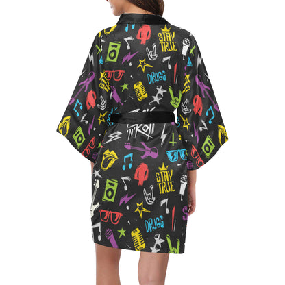 Rock and Roll Pattern Print Design A02 Women's Short Kimono