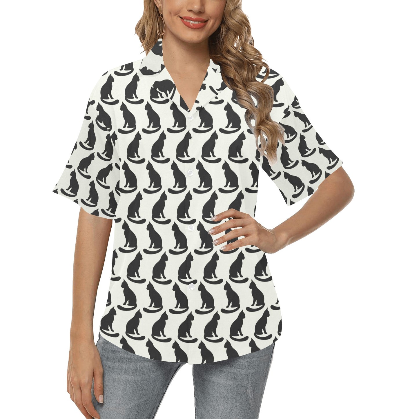 Black Cat Pattern Print Design 02 Women's Hawaiian Shirt