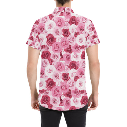 Pink Red Rose Pattern Print Men's Short Sleeve Button Up Shirt
