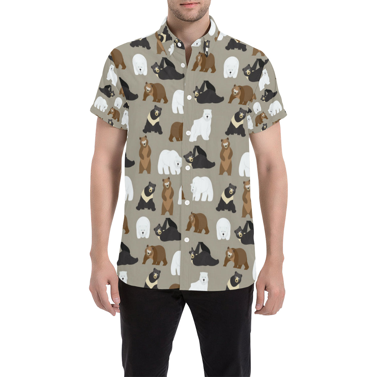 Bear Pattern Print Design BE03 Men's Short Sleeve Button Up Shirt