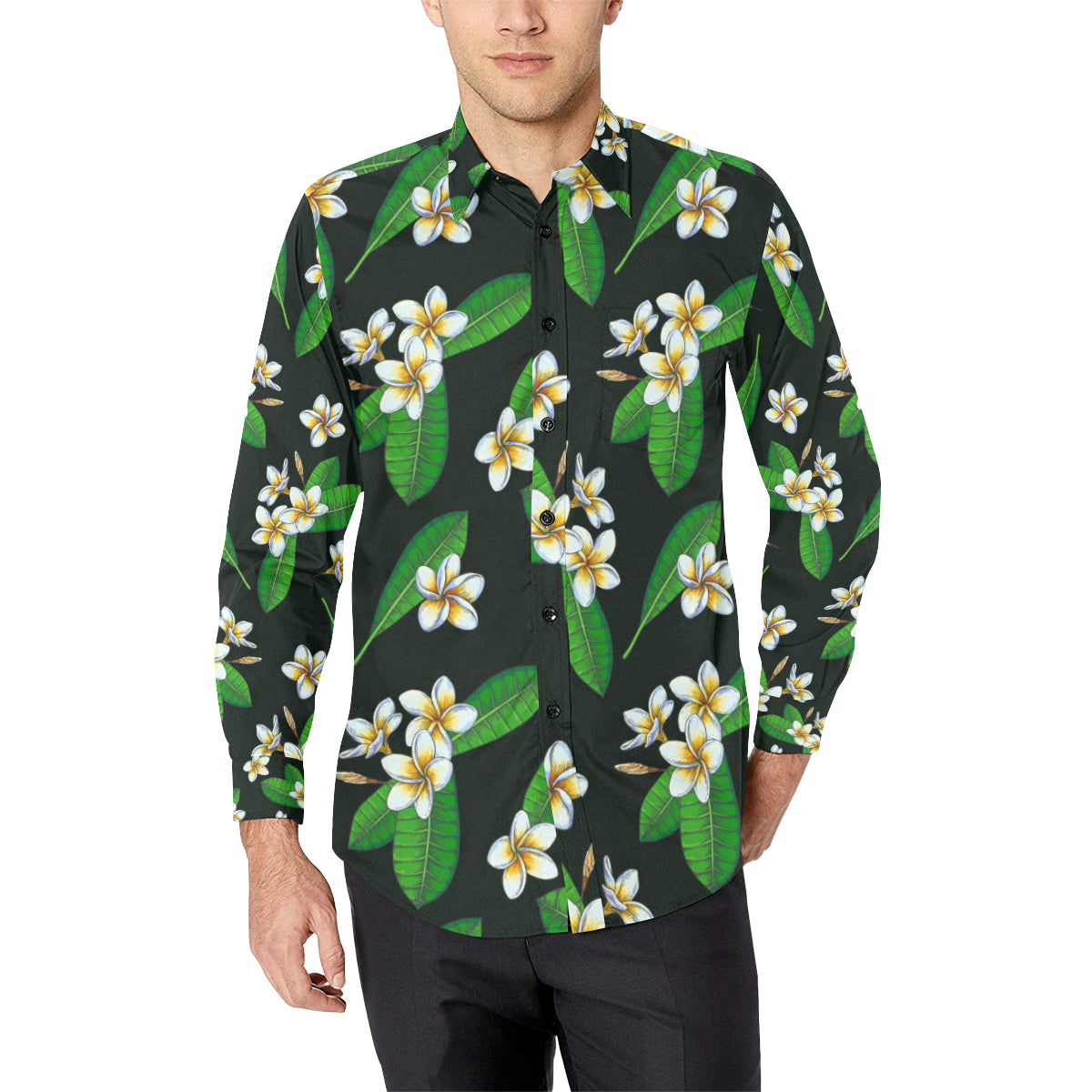 White Plumeria Pattern Print Design PM023 Men's Long Sleeve Shirt