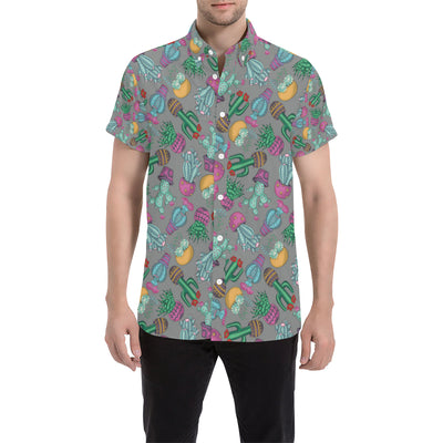 Cactus Colorful Print Pattern Men's Short Sleeve Button Up Shirt