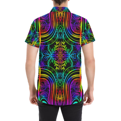 Neon Trible Rainbow Pattern Print Design A01 Men's Short Sleeve Button Up Shirt