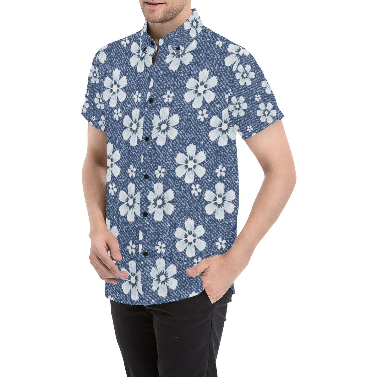 Jean Flower Pattern Print Design 03 Men's Short Sleeve Button Up Shirt