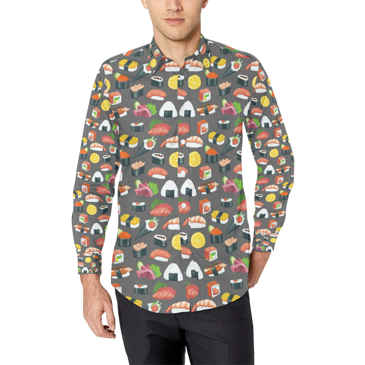 Sushi Pattern Print Men's Long Sleeve Shirt
