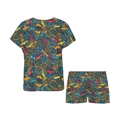 Travel Stamp Colorful Print Design LKS304 Women's Short Pajama Set