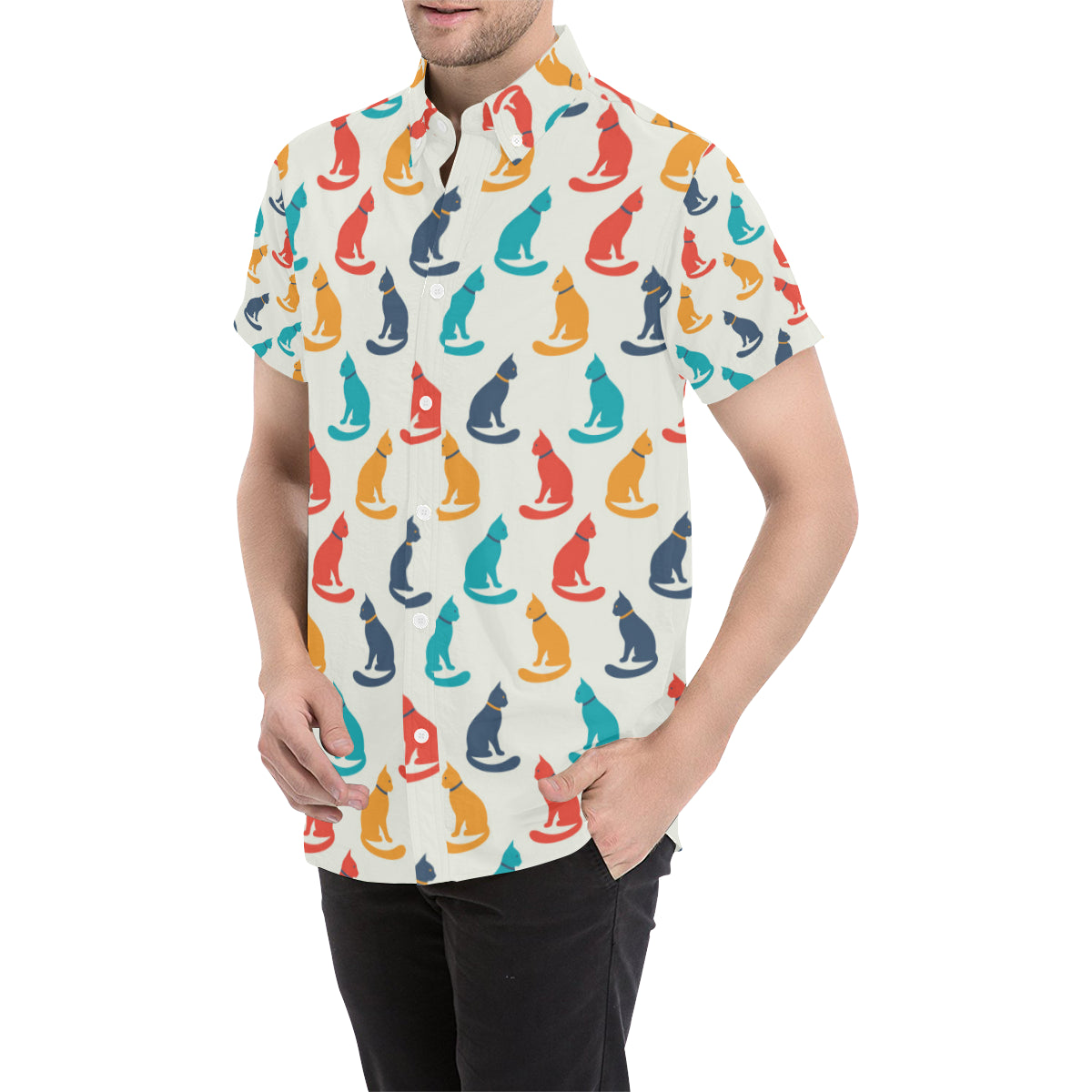 Cat Pattern Print Design 03 Men's Short Sleeve Button Up Shirt