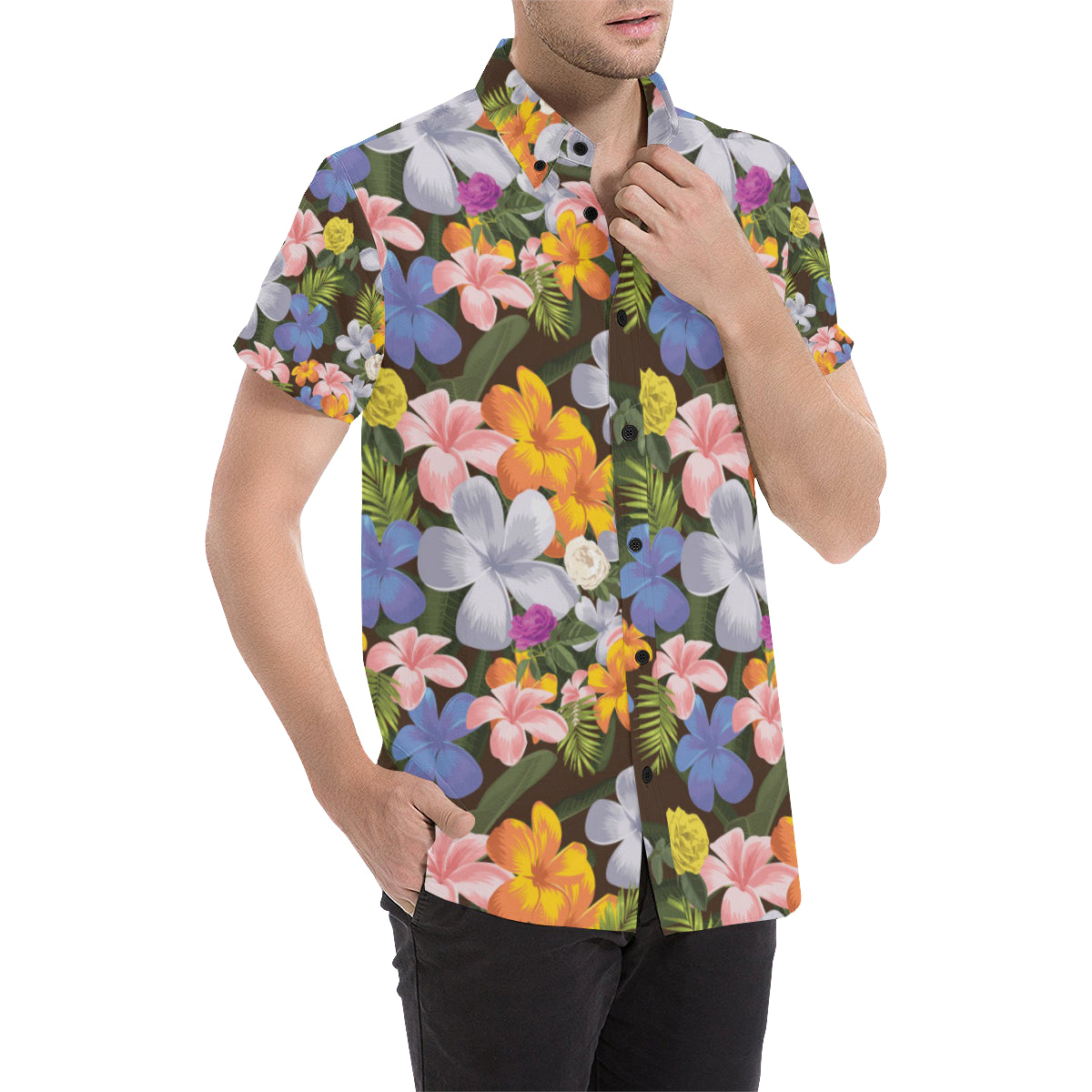 Plumeria Pattern Print Design PM03 Men's Short Sleeve Button Up Shirt