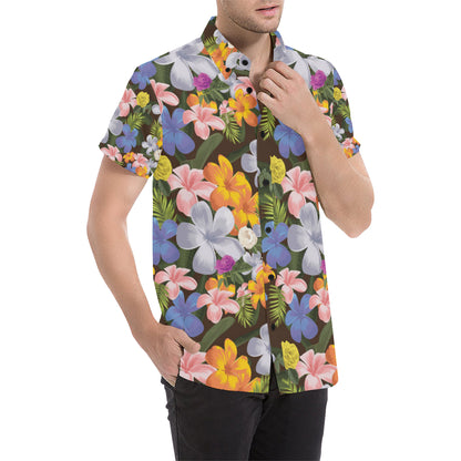 Plumeria Pattern Print Design PM03 Men's Short Sleeve Button Up Shirt