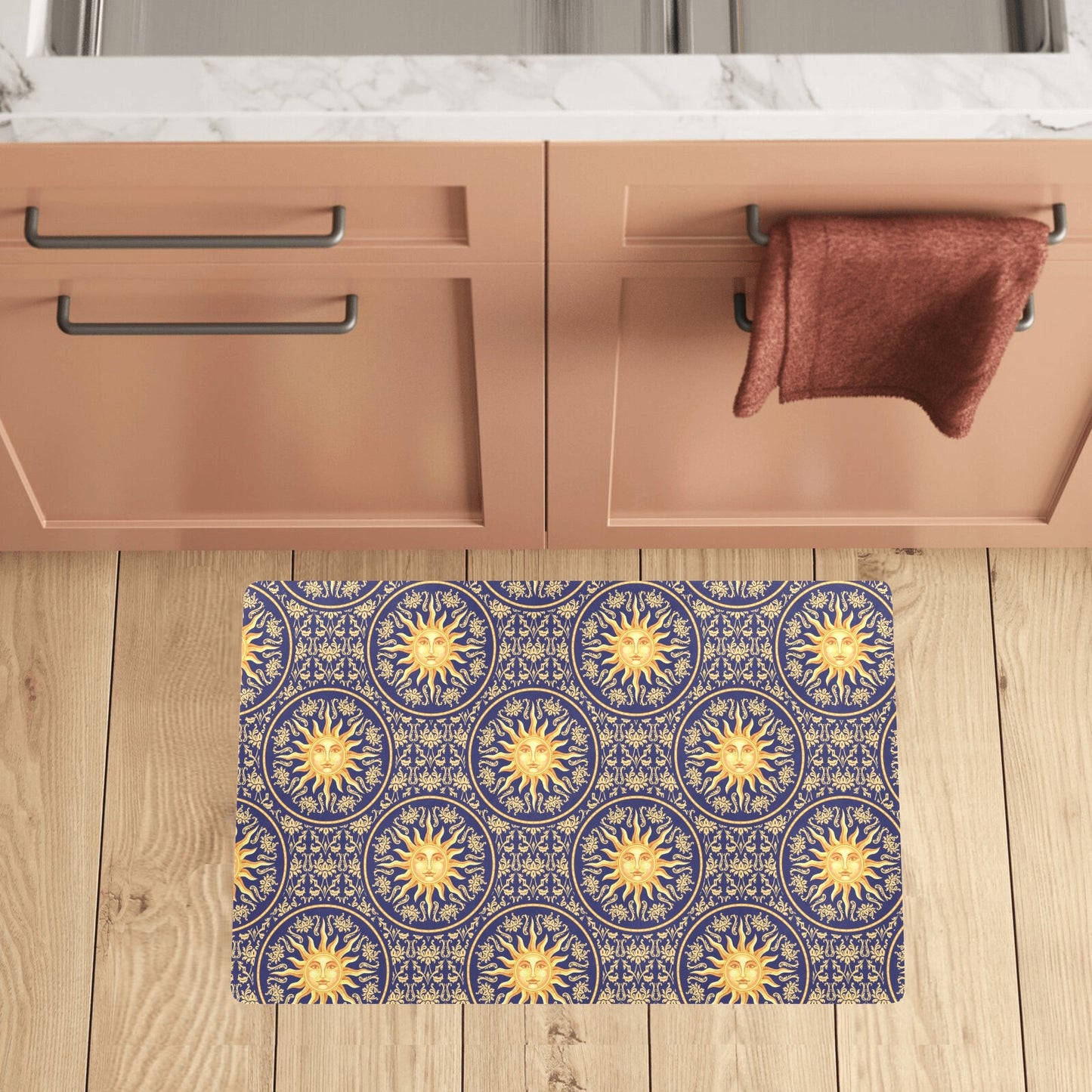 Celestial Gold Sun Face Kitchen Mat