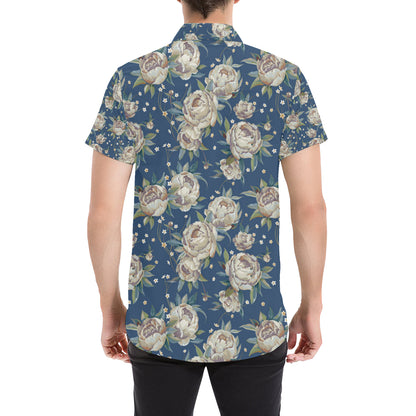 Peony Pattern Print Design A03 Men's Short Sleeve Button Up Shirt