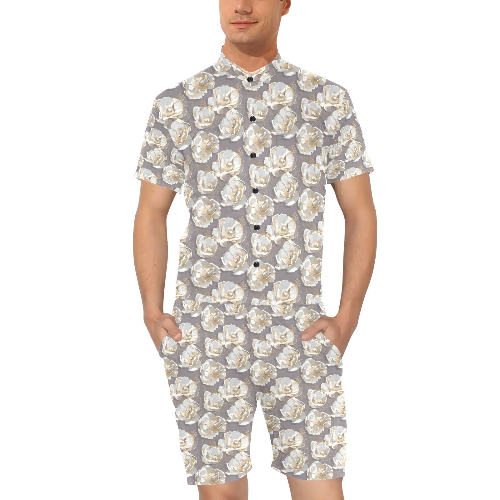 Elegant Grey Flower Print Men's Romper