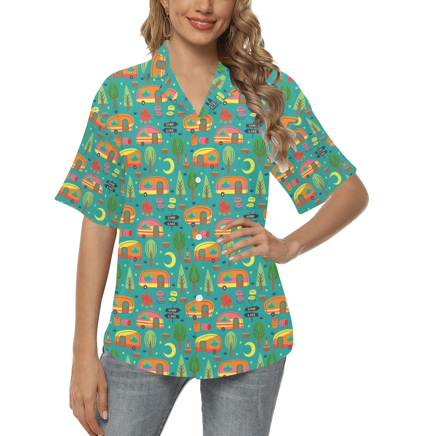 Camping Camper Pattern Print Design 05 Women's Hawaiian Shirt