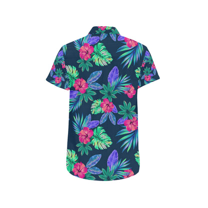 Tropical Flower Pattern Print Design TF09 Men's Short Sleeve Button Up Shirt
