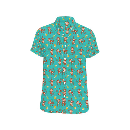 Monkey Banana Design Themed Print Men's Short Sleeve Button Up Shirt