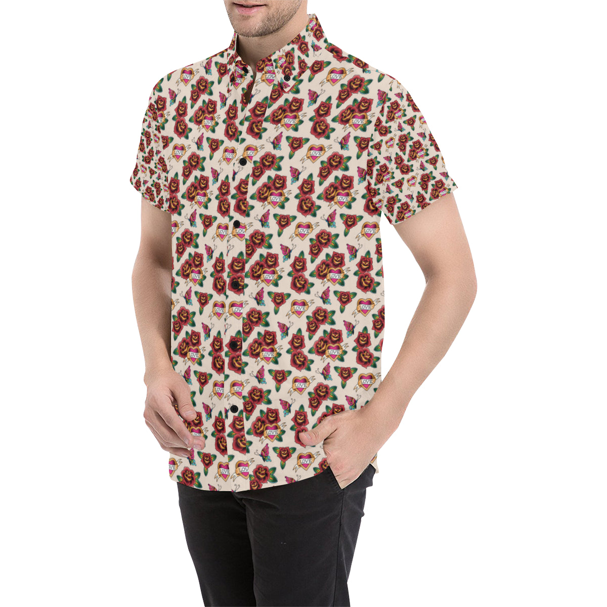 Old School Tattoo Rose Pattern Men's Short Sleeve Button Up Shirt