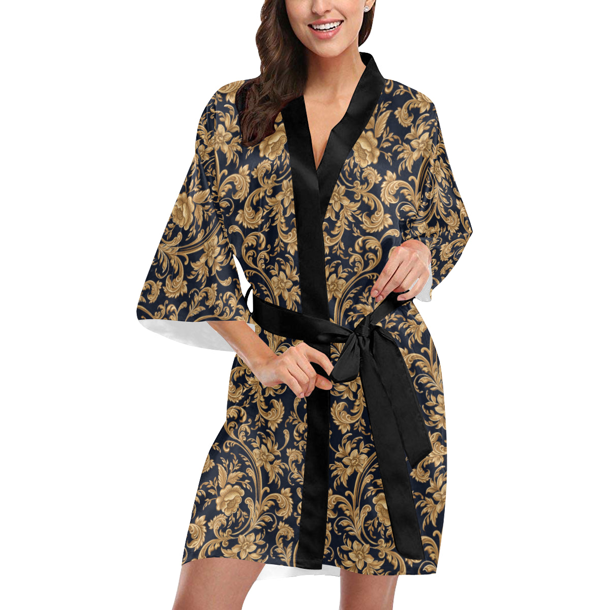 Baroque Golden Pattern Print Design 03 Women's Short Kimono