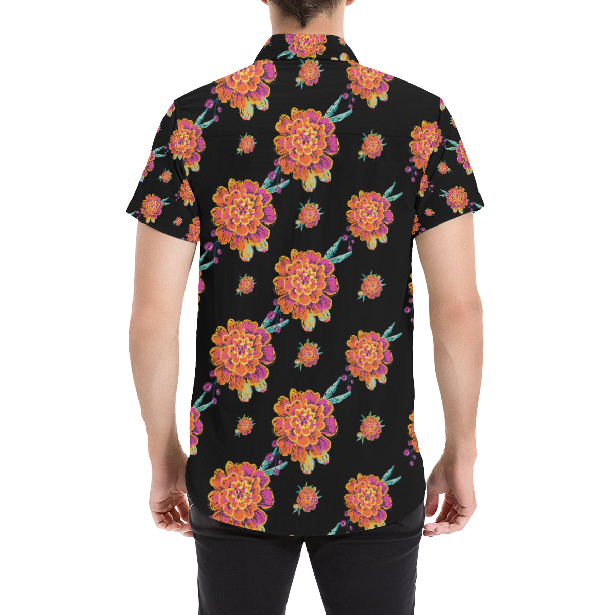 Marigold Pattern Print Design 01 Men's Short Sleeve Button Up Shirt
