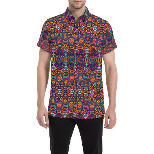 Ethnic Flower Style Print Pattern Men's Short Sleeve Button Up Shirt