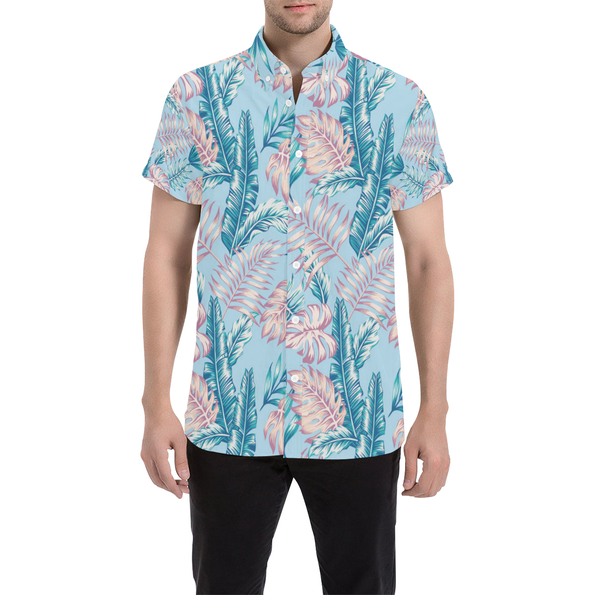 Tropical Flower Pattern Print Design TF01 Men's Short Sleeve Button Up Shirt