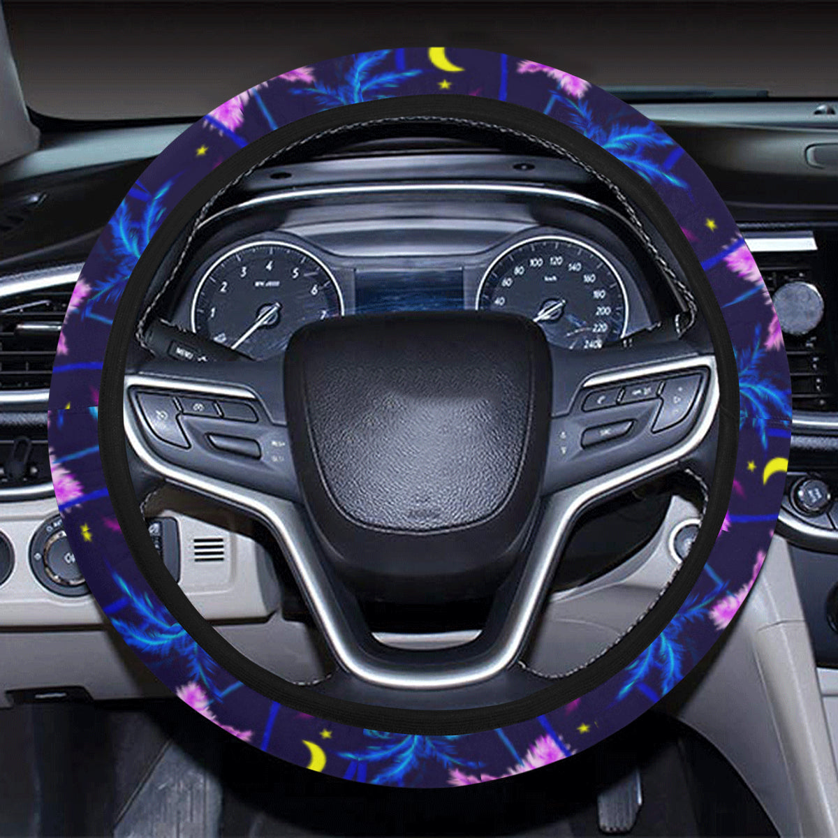 Palm Tree Night Scene Design Print Steering Wheel Cover with Elastic Edge