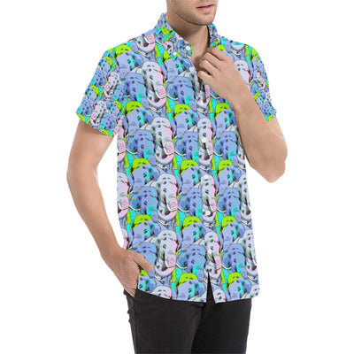 Elephant Art color Print Pattern Men's Short Sleeve Button Up Shirt